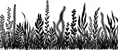 Black seaweed silhouette border with underwater ocean plants and coral reef elements isolated on white background for marine nature frame design