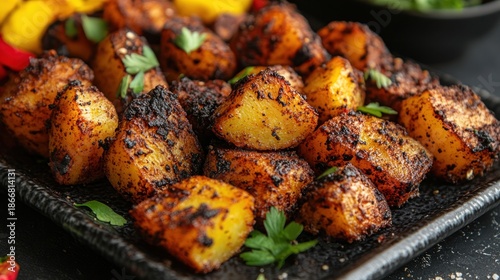 Close-up of spiced roasted potatoes on black tray