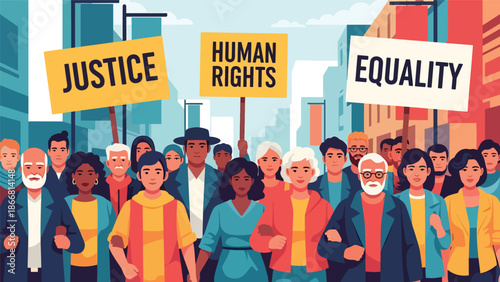 Peaceful civil rights march with diverse people holding protest signs in a city street, flat vector illustration symbolizing humanity, equality, justice, unity, and social change