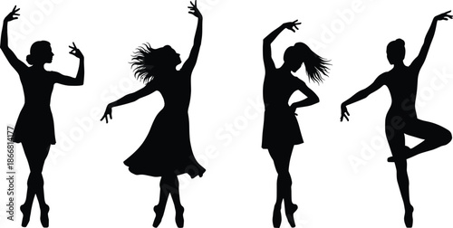 Black silhouette collection of graceful female ballet dancers performing elegant dance poses isolated on white background for creative performing arts design