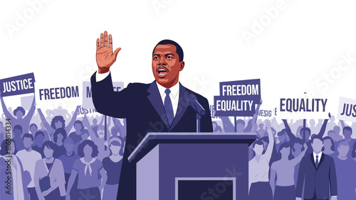 Civil rights leader speaking to a peaceful crowd, flat vector illustration representing humanity, freedom of speech, equality, justice, and inspirational leadership in social movements