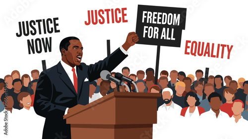 Civil rights leader speaking to a peaceful crowd, flat vector illustration representing humanity, freedom of speech, equality, justice, and inspirational leadership in social movements