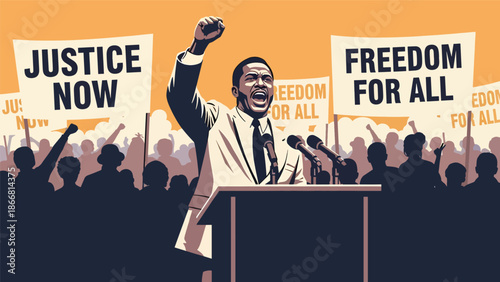 Civil rights leader speaking to a peaceful crowd, flat vector illustration representing humanity, freedom of speech, equality, justice, and inspirational leadership in social movements