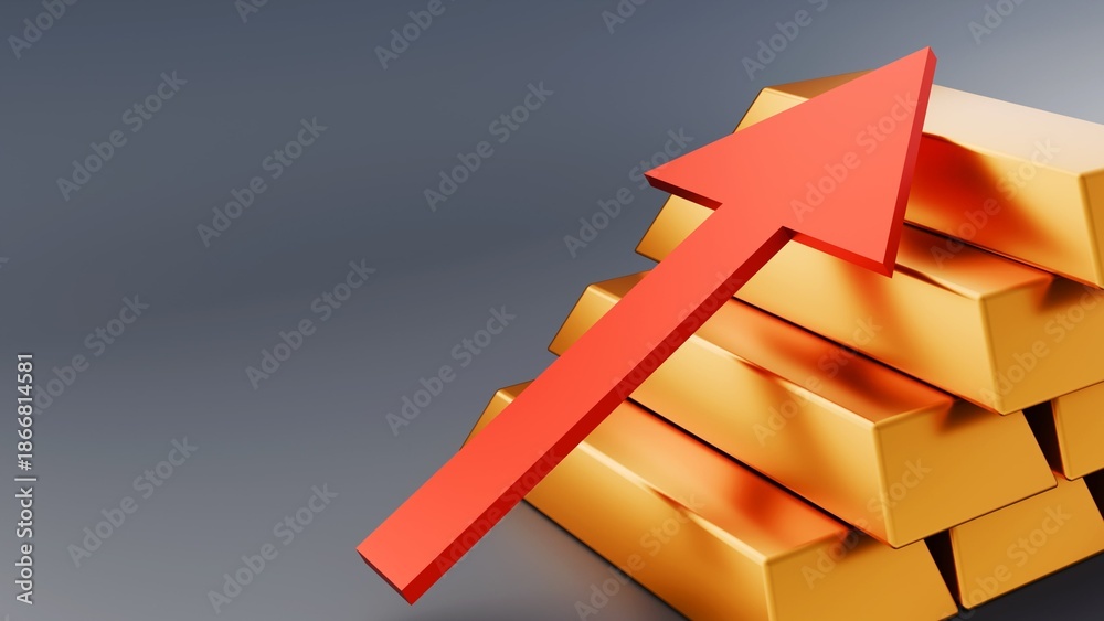 Obraz premium A 3d rendering of gold bars and arrows. A classic metaphor for wealth accumulation, financial success, and the rising market price of precious metals.