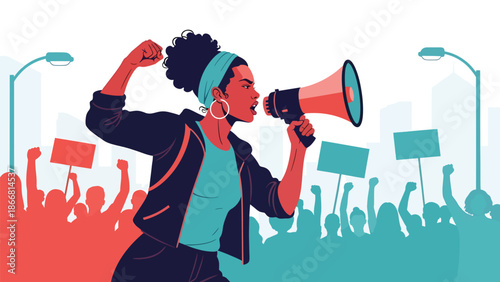 woman Protester holding megaphone in civil rights demonstration, flat vector illustration symbolizing humanity, freedom of speech, justice, equality, and public voice