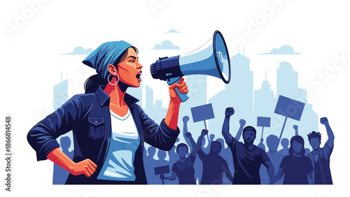 woman Protester holding megaphone in civil rights demonstration, flat vector illustration symbolizing humanity, freedom of speech, justice, equality, and public voice