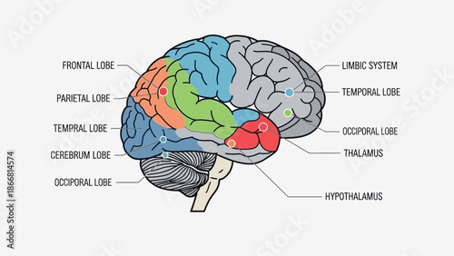 Detailed diagram illustrating the major anatomical regions and functional structures within the human brain including cerebrum lobes and key deep areas