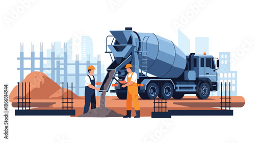 Construction workers pouring concrete foundation at building site, flat vector illustration showing teamwork, materials, safety gear, and professional construction process for infrastructure