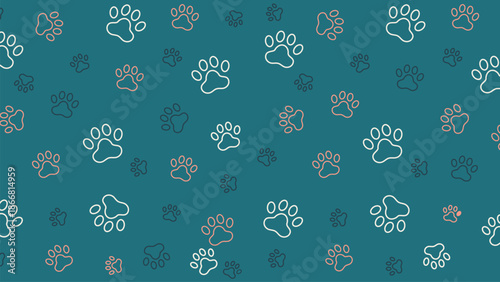 Seamless pattern with white and peach paw prints on dark teal background. Elegant animal footprint vector for pet boutique, veterinary clinic branding, and modern textile design