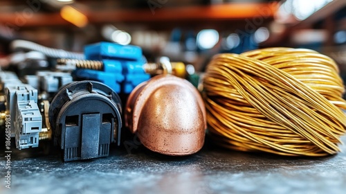 Close-up of various metal and plastic components