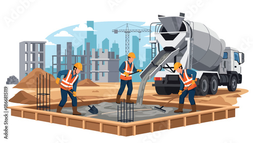 Construction workers pouring concrete foundation at building site, flat vector illustration showing teamwork, materials, safety gear, and professional construction process for infrastructure developme