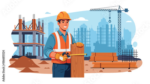 Construction worker measuring wood at job site, flat vector illustration highlighting precision, craftsmanship, safety gear, and professional building construction activities