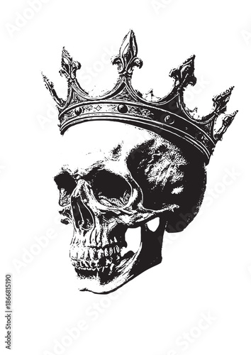 Skull wearing crown, symbolizing power and rebellion in a striking black and white design