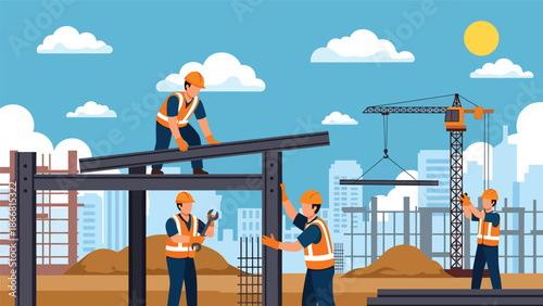 Construction workers assembling steel beams at high-rise site, flat vector illustration showing teamwork, safety equipment, cranes, and modern structural construction industry operations