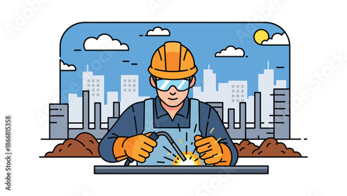 Construction worker welding metal at industrial job site, flat vector illustration emphasizing skilled labor, safety gear, construction craftsmanship, and professional industry environment