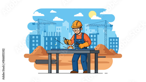 Construction worker welding metal at industrial job site, flat vector illustration emphasizing skilled labor, safety gear, construction craftsmanship, and professional industry environment
