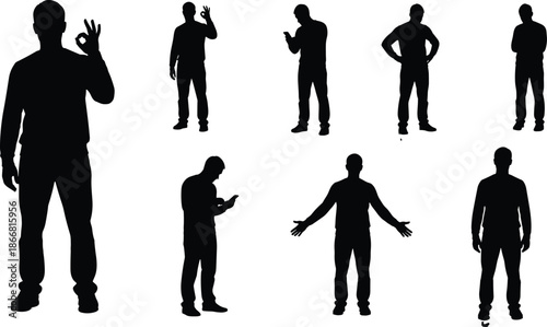 Man silhouette poses collection, male standing and gesture actions set, human body language illustrations isolated on white background