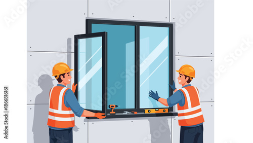 Construction workers installing windows on modern building façade, flat vector illustration highlighting precision, safety gear, teamwork, and professional finishing construction work