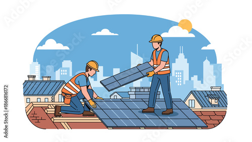 Construction workers installing roof panels on residential building, flat vector illustration showing teamwork, safety gear, height work, and professional construction skills