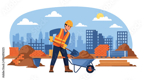 Construction worker mixing cement at active site, flat vector illustration highlighting material preparation, safety equipment, and professional construction workflow