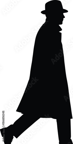 Man walking silhouette wearing long coat and hat, elegant side view male pedestrian, classic vintage fashion lifestyle concept isolated on white background