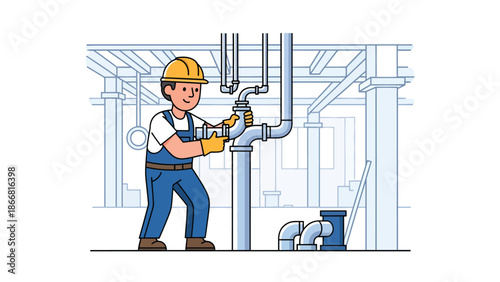 Construction workers installing plumbing pipes inside building framework, flat vector illustration showing infrastructure systems, teamwork, and professional construction installation work