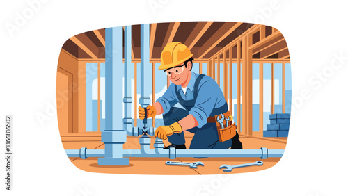 Construction workers installing plumbing pipes inside building framework, flat vector illustration showing infrastructure systems, teamwork, and professional construction installation work