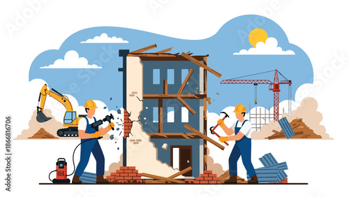Construction workers demolishing old building for redevelopment, flat vector illustration showing urban renewal, safety measures, teamwork, and construction industry process