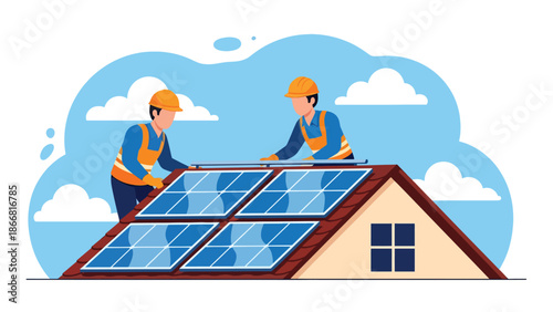 Construction workers installing solar panels on building roof, flat vector illustration highlighting sustainable construction, teamwork, safety gear, and renewable energy industry