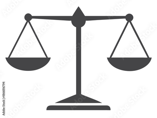 A simple illustration of a grey justice scale against a black background