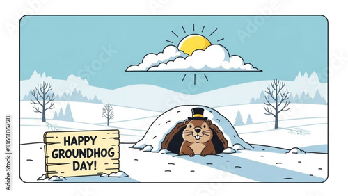 A cartoon groundhog wearing a top hat peeks out of a snowy burrow on Groundhog Day with a sign and sunny winter landscape in the background