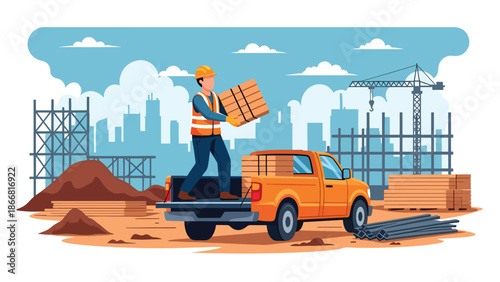 Construction worker loading materials onto truck at job site, flat vector illustration showing logistics, supply chain, safety practices, and construction workflow