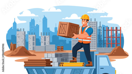 Construction worker loading materials onto truck at job site, flat vector illustration showing logistics, supply chain, safety practices, and construction workflow