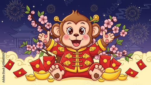 A cheerful cartoon monkey wearing a traditional Chinese outfit sits amidst cherry blossoms and gold coins on a festive night with fireworks in the background celebrating Chinese New Year