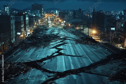Nighttime city street ravaged by a catastrophic earthquake.