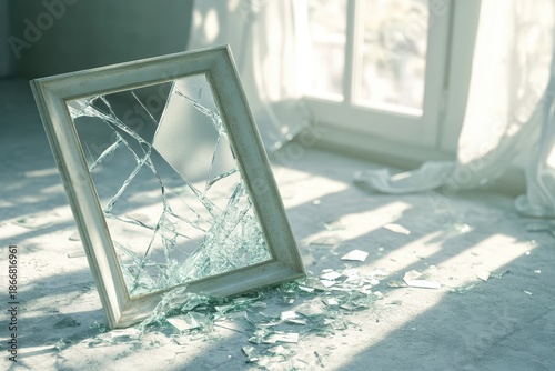 A shattered framed mirror leans on a concrete floor