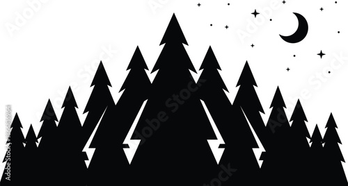 Minimalist pine forest landscape with moon and stars, black silhouette night scene, winter nature illustration isolated white background