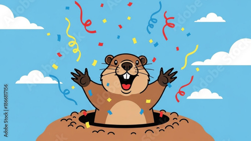 A cartoon groundhog emerges from its burrow with arms raised in celebration surrounded by colorful confetti and ribbons in a bright blue sky with fluffy white clouds