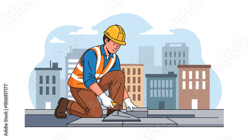 Construction workers paving sidewalk in urban area, flat vector illustration showing public infrastructure improvement, teamwork, safety standards, and city development