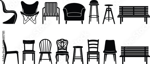 Modern and classic furniture seating silhouettes collection including chairs stools sofa bench isolated on white background vector illustration