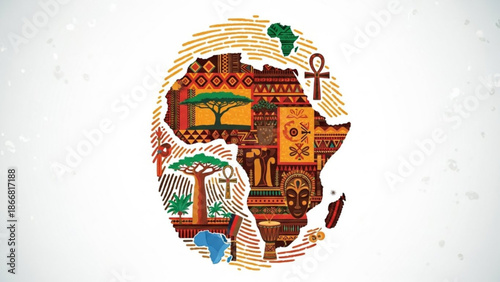 A vibrant and colorful illustration of the African continent featuring various traditional patterns and symbols in a stylized vector graphic representation