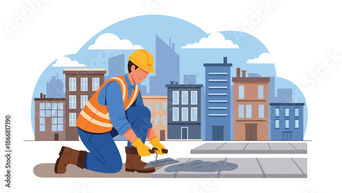 Construction workers paving sidewalk in urban area, flat vector illustration showing public infrastructure improvement, teamwork, safety standards, and city development