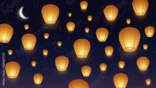 A serene and peaceful night sky filled with glowing lanterns and a crescent moon