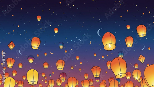 A vector illustration of numerous glowing lanterns flying high in the night sky with a gradient of purple and blue hues and stars and crescent moons visible