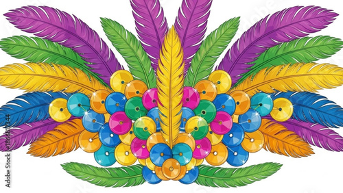 A vibrant and colorful illustration of a headdress adorned with feathers and beads on a white background