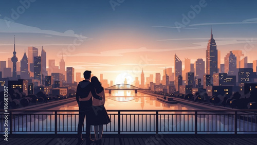 A romantic vector illustration of a couple standing on a bridge overlooking a city skyline at sunset with a river flowing beneath them and a warm orange glow in the background