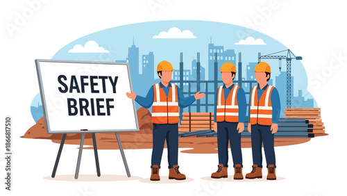 Flat vector illustration of construction workers attending a safety briefing at a construction site, ideal for workplace safety training, construction manuals, presentations, and occupational health