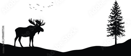 Moose silhouette in forest landscape, wild elk standing on hill with pine tree, birds flying, peaceful nature illustration