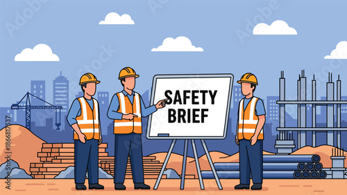 Flat vector illustration of construction workers attending a safety briefing at a construction site, ideal for workplace safety training, construction manuals, presentations, and occupational health