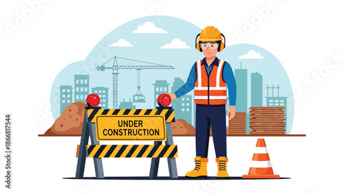 Flat vector illustration of a construction worker standing next to an under construction barrier sign at a building site, ideal for construction safety communication, roadwork warnings, infrastructure